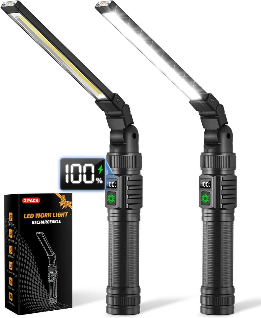 2Pack Magnetic Work Light, All Aluminum & 1500 High Lumens Rechargeable LED Work Light, 7 Mode & 360 Rotation Mechanic Light, Rechargeable Flashlight for Car Repairing, Fathers Day Dad Gifts