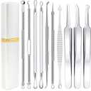 Pimple Popper Tool Kit - Boxoyx 10 Pcs Blackhead Remover Comedone Extractor Kit with Metal Case for Quick and Easy Removal of Pimples, Blackheads, Zit Removing, Forehead,Facial and Nose(All Silver)