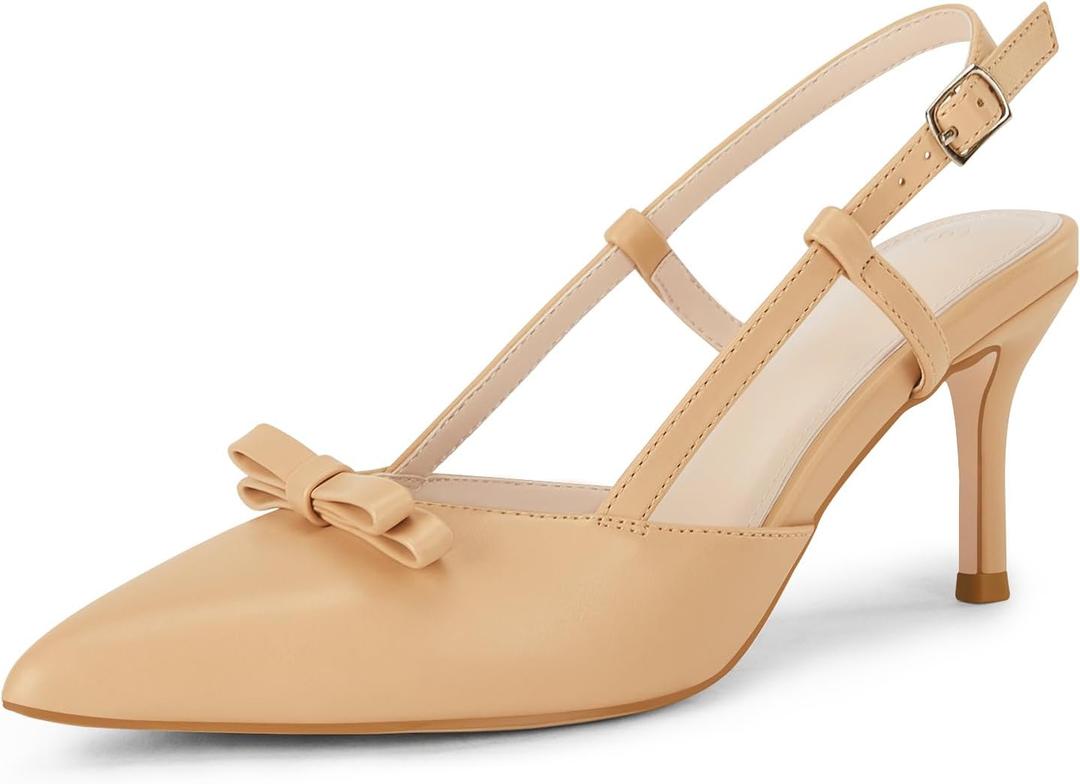 Coutgo Womens Slingback Kitten Heels Closed Pointed Toe Stilettos Bow Party Dress Pumps Shoes, Khaki, Size 9