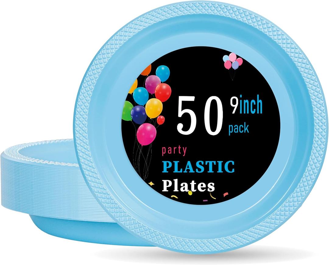 WELLIFE 9 Inch Plastic Plates Light Blue 50 Count Disposable Plate for Party, Dessert Plates for Dinner Cake Salad Supplies Birthday