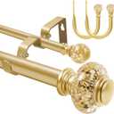 1 Inch Modern Gold Double Curtain Rod Set - Tension rods for windows 28 to 48 inchs with Holdbacks and Clear Finials -BHSRODS Home Double Window Rods for Living Room & Bedroom