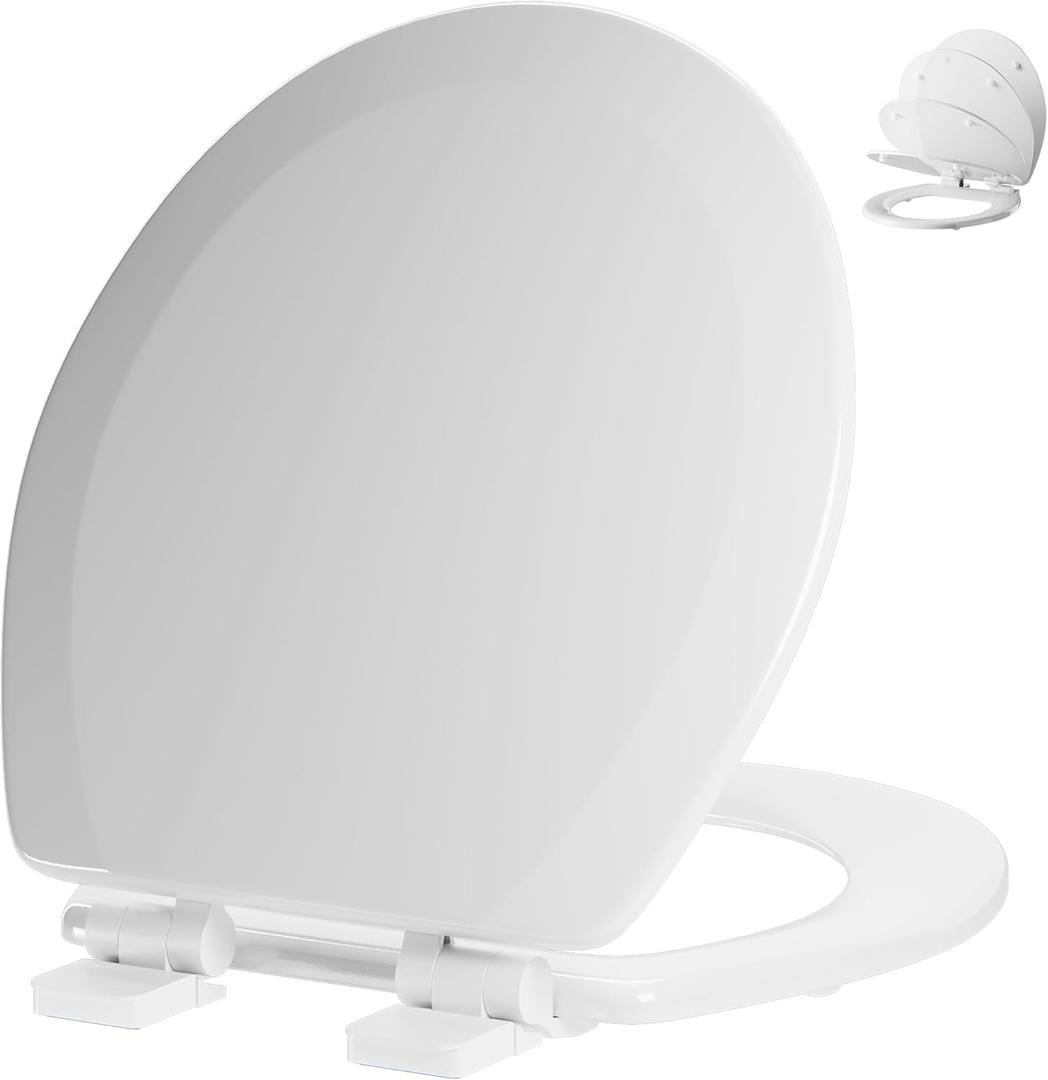 Round Toilet Seat Angol Shiold Quiet-Close Molded Wood Toilet Seat with Non-Slip Adjustable Hinges, Anti-Pinch Bumpers, Easy Install & CleanWhite, Round 16.5''