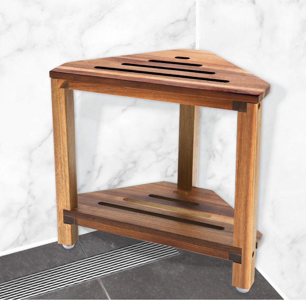IBosins Corner Shower Stool with Storage Shelf Shower Foot Rest for Shaving Legs Small Bench for Inside Shower to Sit on Bath Seat  Acacia Wood