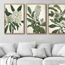 Large Framed Canvas Wall Art - Natural Float Framed White Flowers Green Leaves Pictures Decor Simple Botanical Plants Artwork for Living Room Bedroom Kitchen Home Office Decoration 60" X 28" Set of 3, 20" X 28" X 3pieces Framed