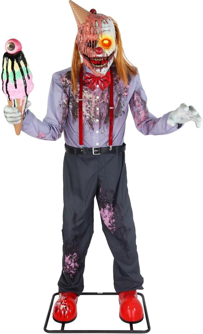 Haunted Hill Farm 6.5-Ft Animatronic I Scream Clown by Tekky, Halloween Animatronic, Creepy Party Decor, Indoor & Covered Outdoor Spooky Party Decoration Motion-Activated Lights & Sound, LifeSize