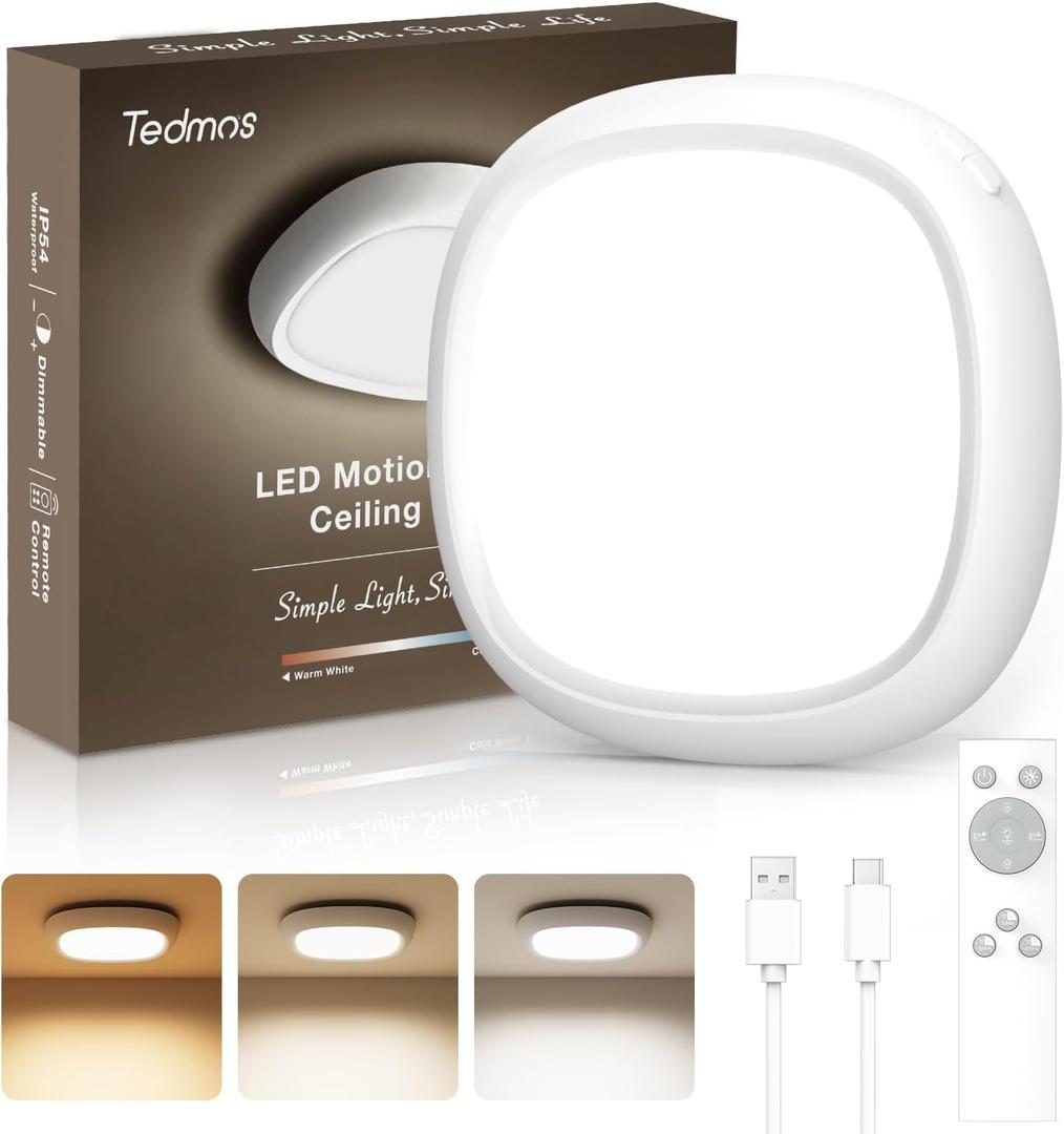 Rechargeable Shower Light for Inside Shower, 12000mAh Motion Sensor Wireless Ceiling Light with Remote No Wiring, Battery Operated Closet Lights Cordless LED Overhead Lighting for Pantry Bathroom (White)