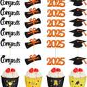 Chinco 100 Pack 2025 Graduation Cupcake Toppers Grad Cap Food Appetizer Picks Cake Graduation Party Decorations Diploma Cupcake Picks for Cake Class of 2025 Graduation Party(Black and Orange)