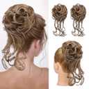 HOOJIH 2 Pack Messy Bun Hair Piece, Wavy Curly Hair Wrap Ponytail Hairpieces, Light Brown and Blonde Mixed