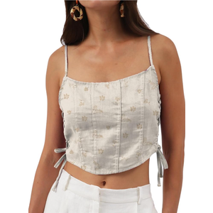 Amazhiyu Womens Pure Linen Crop Corset Top Summer Casual Floral Lace Up Bustier, XXL