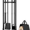 6 Pcs Fireplace Tools Set with Log Carrier, HXJLJY 34" Fireplace Accessories Sturdy Fire Tool Set Holder with Fire Poker Brush Shovel Tong Stand for Indoor Fireplace Outdoor Fire Pit Wood Stove,Square