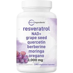 Micro Ingredients Resveratrol NAD Complex 3,000mg for Women & Men, 240 Veggie Capsules | NMN Supplement Alternative | 11-in-1 Blend with NAD+, Quercetin, Moringa, Berberine, Grape Seed, & Oregano