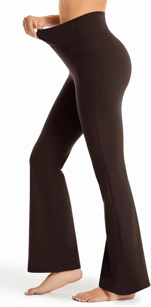 Maxbee Flare Yoga Pants with Pockets for Women, V Crossover Flare Leggings Tummy Control, High Waist Bootcut Yoga Leggings (Brown, S)