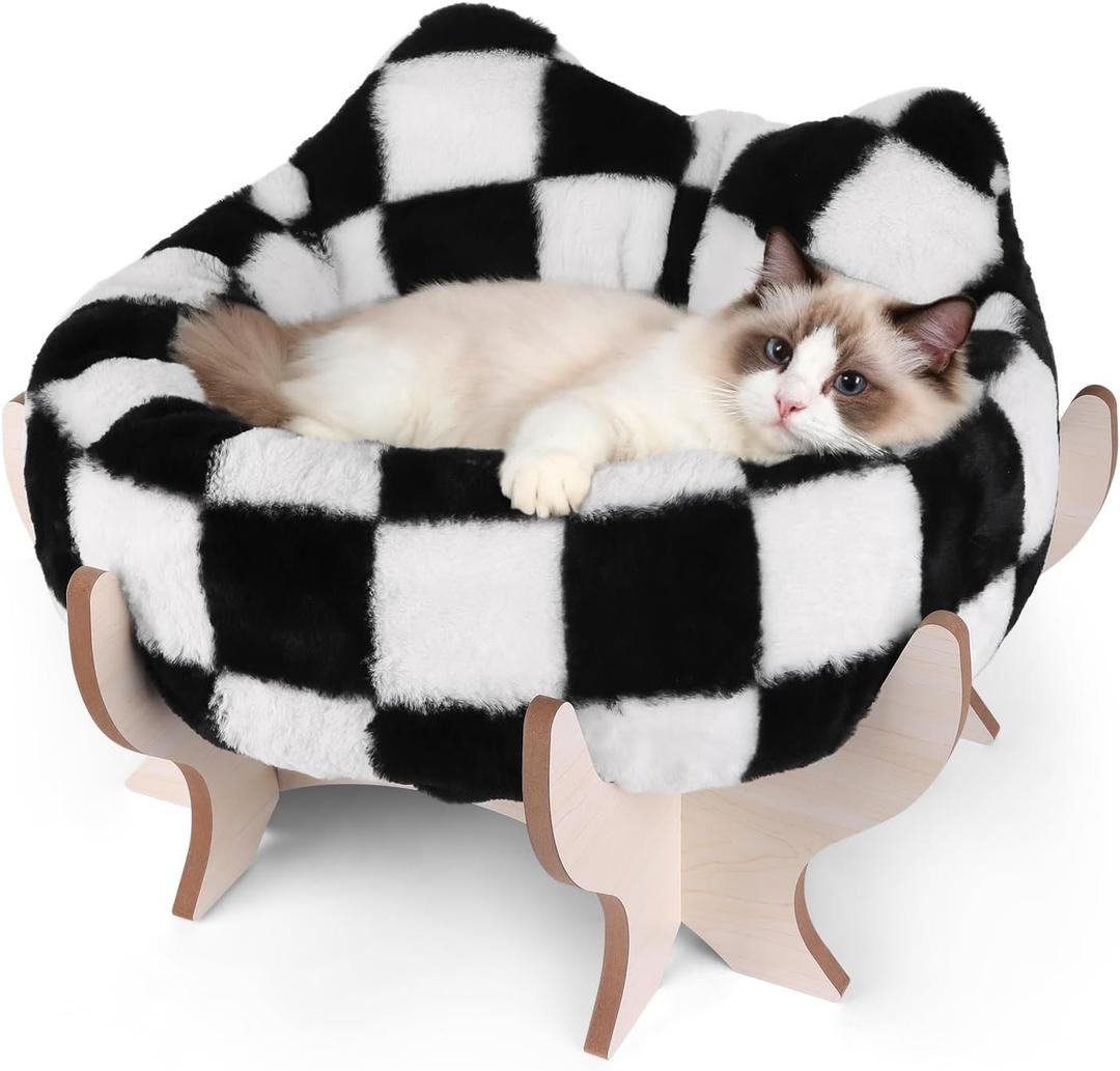 Elevated Cat Bed for Indoor Cats, Pet Couch Bed with Removable Fluffy Cushion, Wooden Stand, 18 x 11 Raised Cat Sofa for Kitty Puppy, Checkered Soft Cushion Cats Furniture