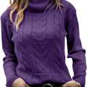 Langwyqu Womens' Turtleneck Long Sleeve Cable Knit Sweaters (Medium, Purple)