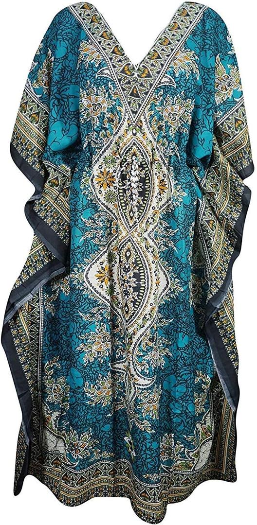 Floral Print Long Caftan Tunic Dress Nightdress Beach Dress Maxi Kaftan Nightwear Plus Size Cover Up Dresses for Women, One Size