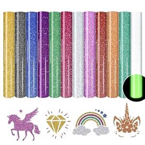 Glitter HTV Vinyl - 12pcs 12inches x10inches Glitter Iron on Vinyl Glitter HTV Heat Transfer Vinyl White/ Red/ Blue/ Silver/ Gold Glitter HTV Vinyl for T-Shirts Compatible with Cricut Or Cameo