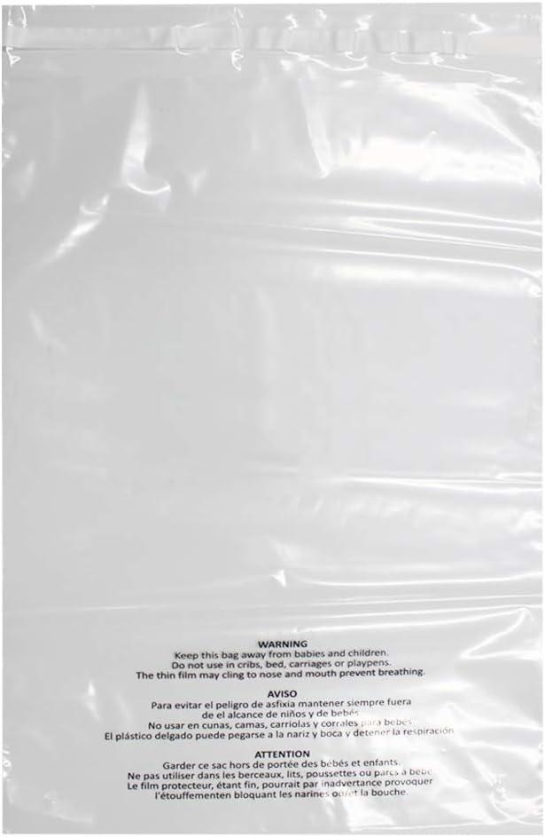 200 Count 14x20 Inch Self Seal Clear Poly Bags with Suffocation Warning for Packaging Clothing, Decorative Wrappers and More with Permanent Adhesive (1.5mil)
