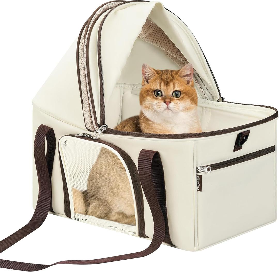 BurgeonNest Top-Expandable Large Cat Carrier, Soft Sided Cat Bag Carrier for Medium Large Pet 15 lbs, Upgrade Small Dog Car Seat, Collapsible Puppy Travel Bag with Semi-Open Mode Canopy (Beige)