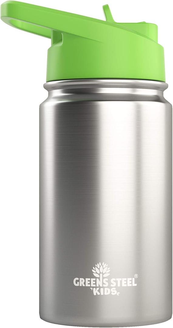 Kids Water Bottle - 12oz Stainless | Leak Proof With Straw & Handle | 24 Hours Cold | Insulated, Double Wall Stainless Steel | Easy Sip Toddler Cup | Child's Flask | Eco Friendly