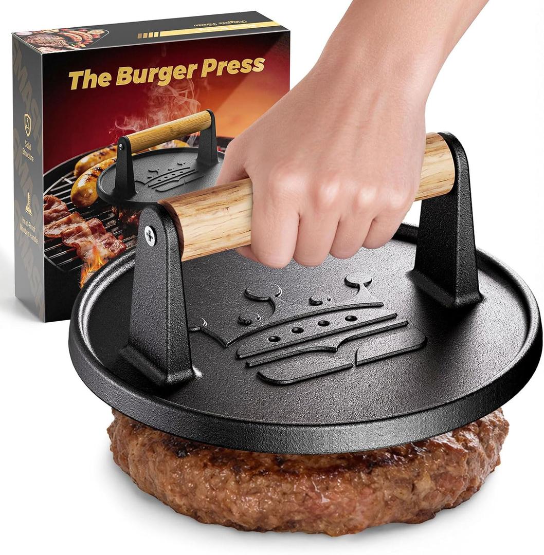 Smash Burger Press 6.5,Cast Iron Flat Round Edge Grill/Bacon/Meat/Hamburger/Chef Press with Wood Handle,1.74lb hamburger press patty maker for Griddles,Nonstick burger smasher for griddle accessories