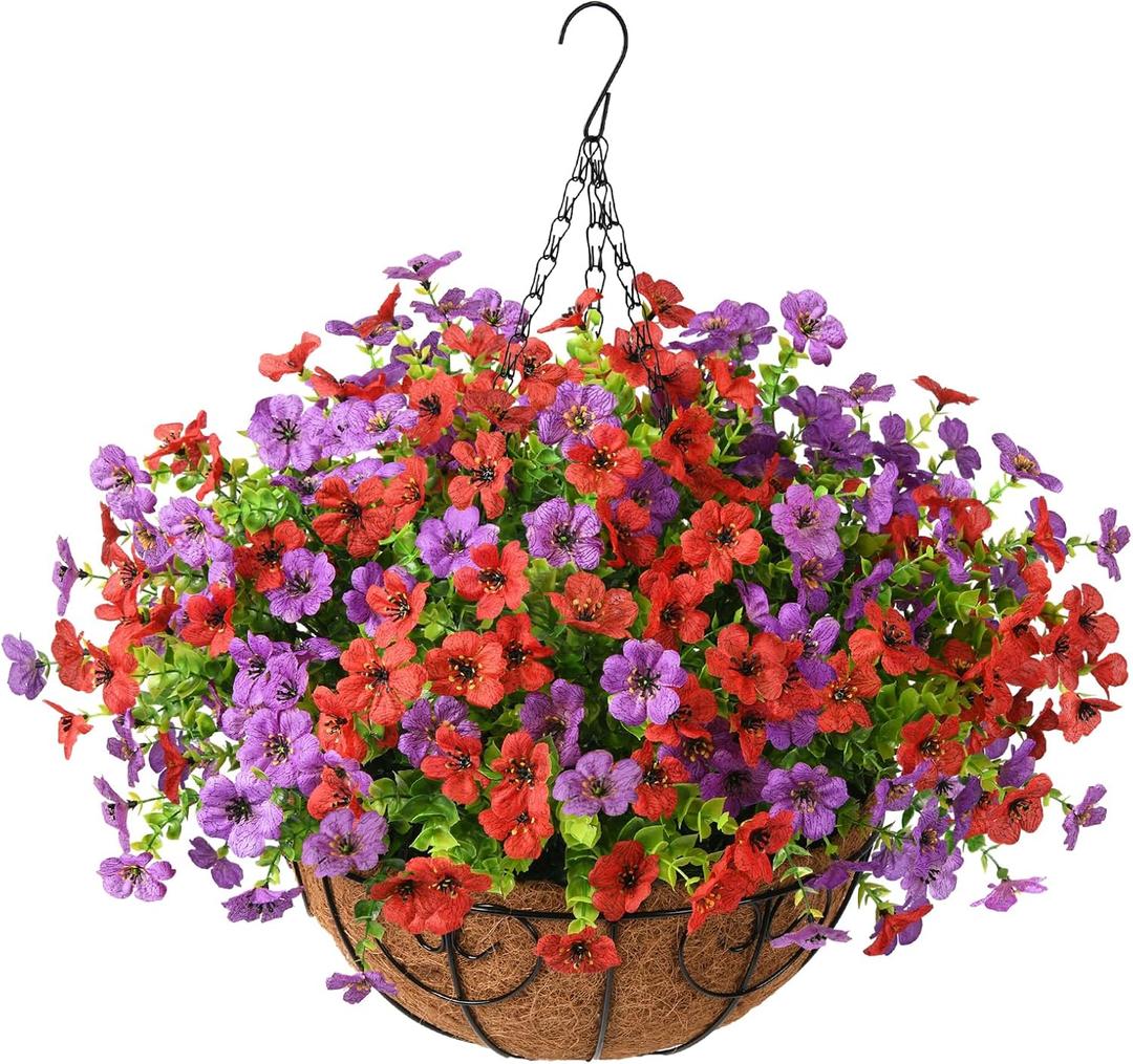 Artificial Flowers Hanging Baskets, 12 Bundles Faux Flower Outdoor Hanging Basket Spring Summer Decoration, Fake Flowers Plants for Porch Patio Balcony Home Yard Decor(Light Purple Red)