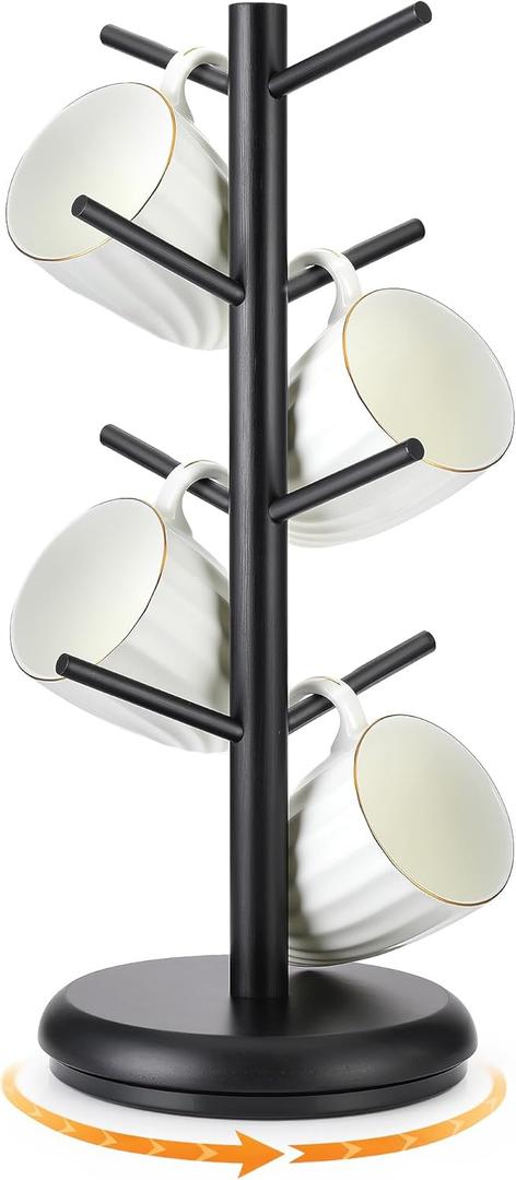 360 Rotating Mug Tree for Counter, 8 Hooks Coffee Mug Holder Stand, Wooden Coffee Cup Holder Rack for Countertop, Easy Tool-Free Assembly, Kitchen Decor Display, Black