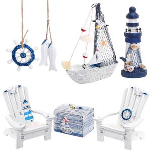 5 Pieces Wooden Box Wooden Lighthouse Mini Sailboat Anchor Fish Hanging Starfish Model Spring Summer Easter Tree Ornament Decoration Aquarium Decor Landscape Tank Ornament Office Mini Garden Landscape