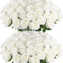Hananona 50 Pcs Artificial Roses in Bulk, Fake Velvet Silk White Roses Realistic White Roses for Wedding Centerpieces Flower Arrangement Home Decor (50, White)