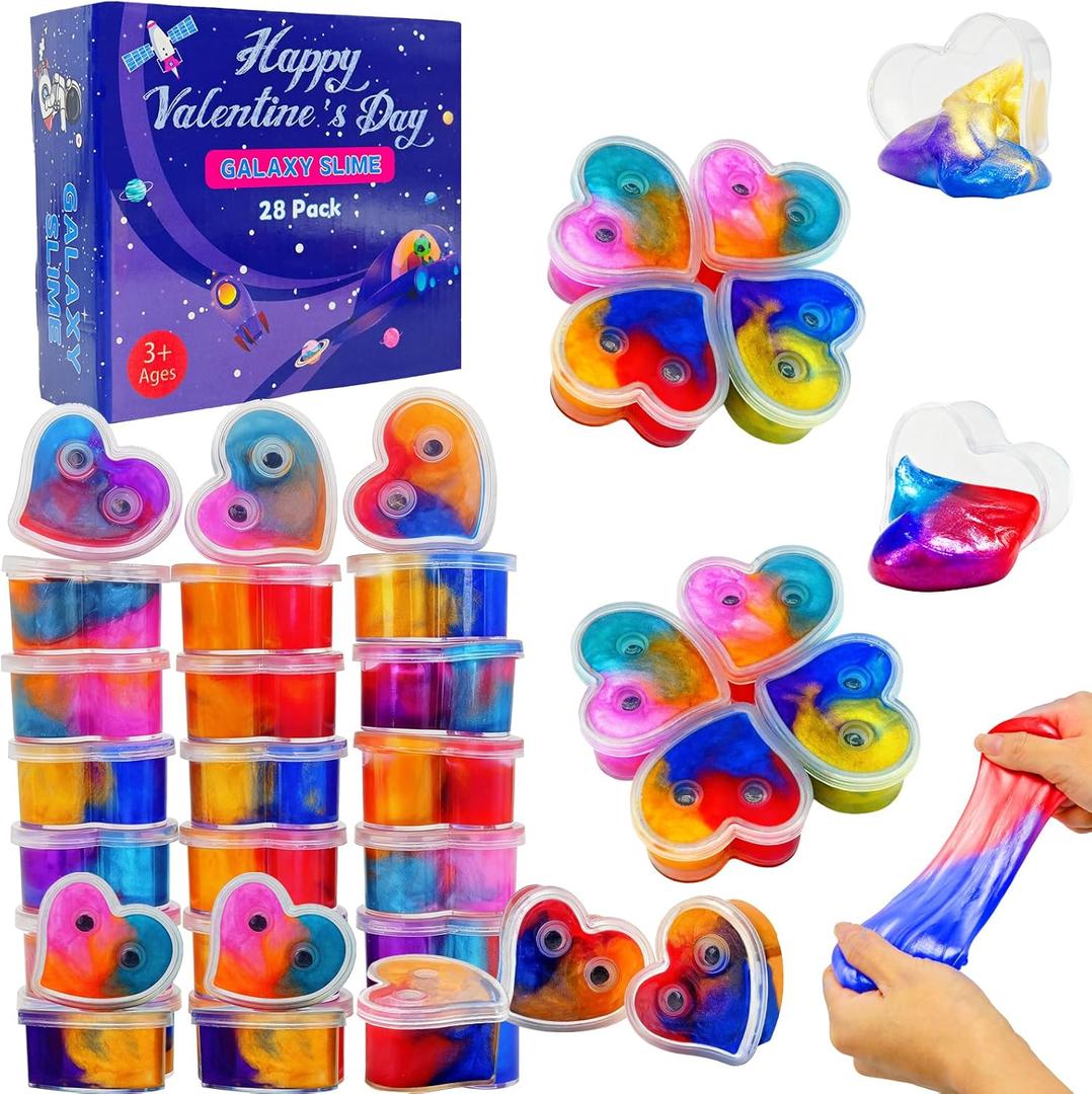 28 Pack Galaxy Heart Slime for Easter Basket StuffersEaster Eggs Fillers,Stress Relief Fidget Slime Toy,Easter Exchange Gifts Classroom Prizes Space Themed Easter Party Favors for Boys Girls