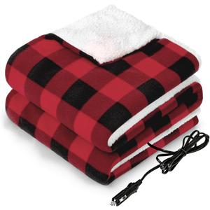 Sealy 12-Volt Heated Car Blanket, Portable Electric Blanket with 3 Heating Levels & 4 Hours Auto Off for Car, Truck, SUV, RV or Camping, Machine Washable, 59" X 43", Plaid (Red Plaid)