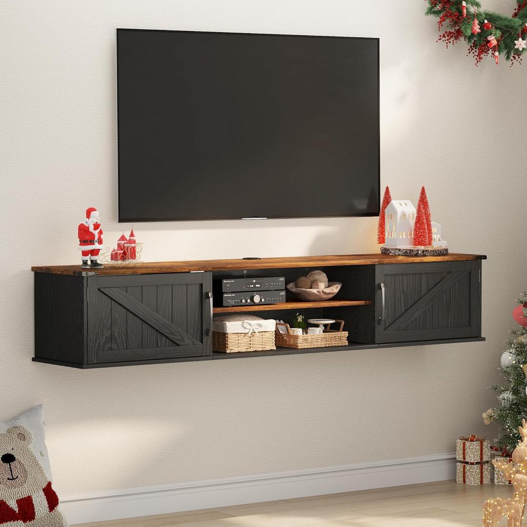 Floating TV Stand with Doors, 63'' Farmhouse Floating TV Shelf for TVs up to 80 Inch, 2 Tier Wall Mounted TV Stand, Floating Entertainment Center, TV Floating Cabinet for Living Room, Bedroom, Black