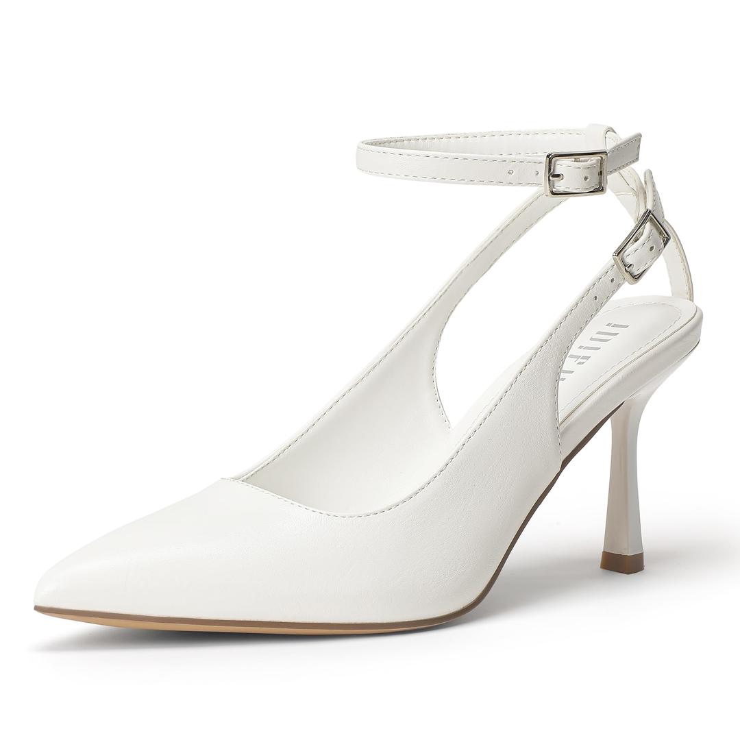 IDIFU White Slingback Heels for Women Pumps Closed Toe High Stiletto Heels Pointed Toe Ankle Strap Dress Shoes Wedding Bridal Party Work Fashion Sexy Comfortable Pumps(White Pu, 6.5)