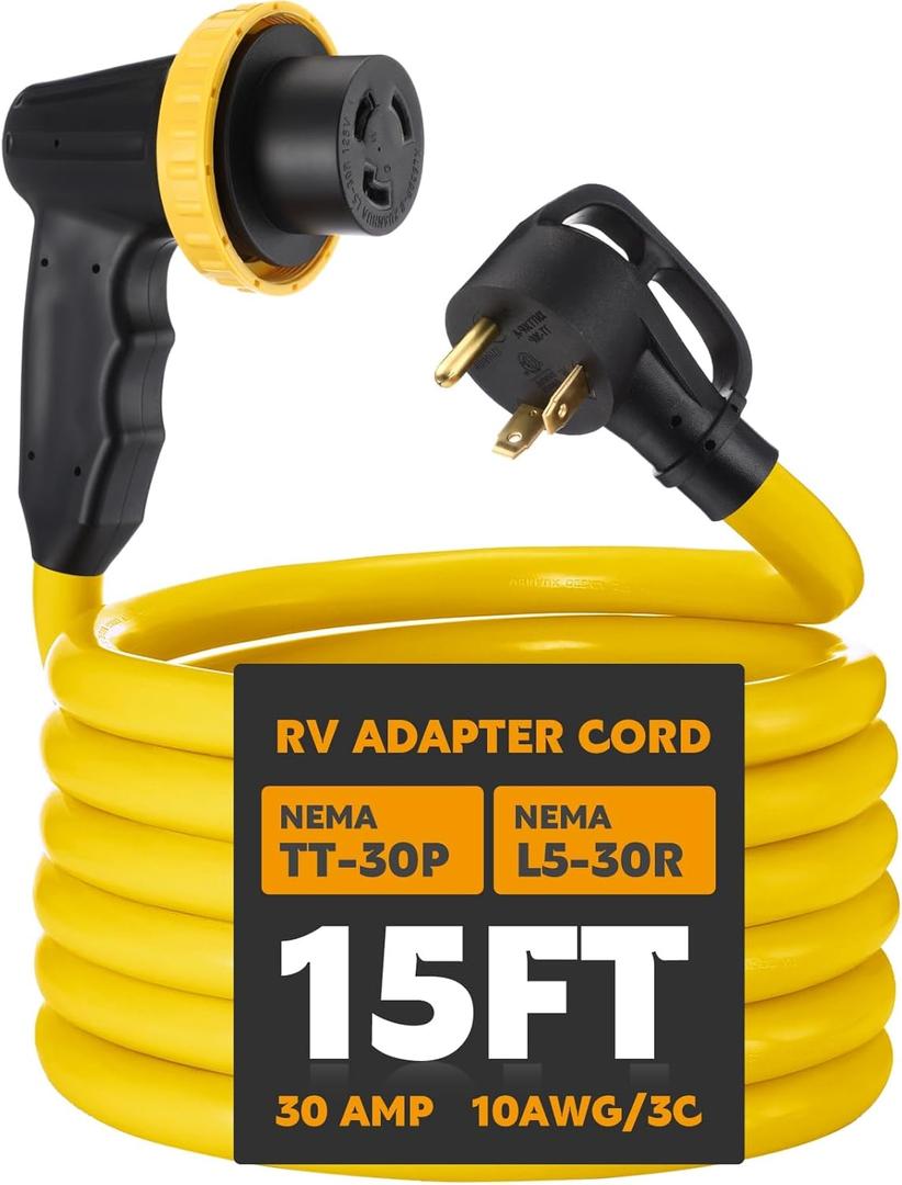 Kanayu 15ft 30 Amp RV Adapter RV Extension Cord with Locking Connector Plug NEMA TT-30P to L5-30R, Generator Extension Power Cord Adapter Plug with 90 Grip Handle, 10AWG/3C STW, ETL Listed