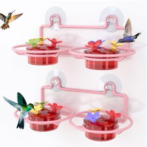 2 Pack Window Hummingbird Feeder, Small Hummingbird Feeder for Outdoors with Strong Suction Cup - Metal Base & 6 Feeding Ports, Easy to Clean and Refill, Pink