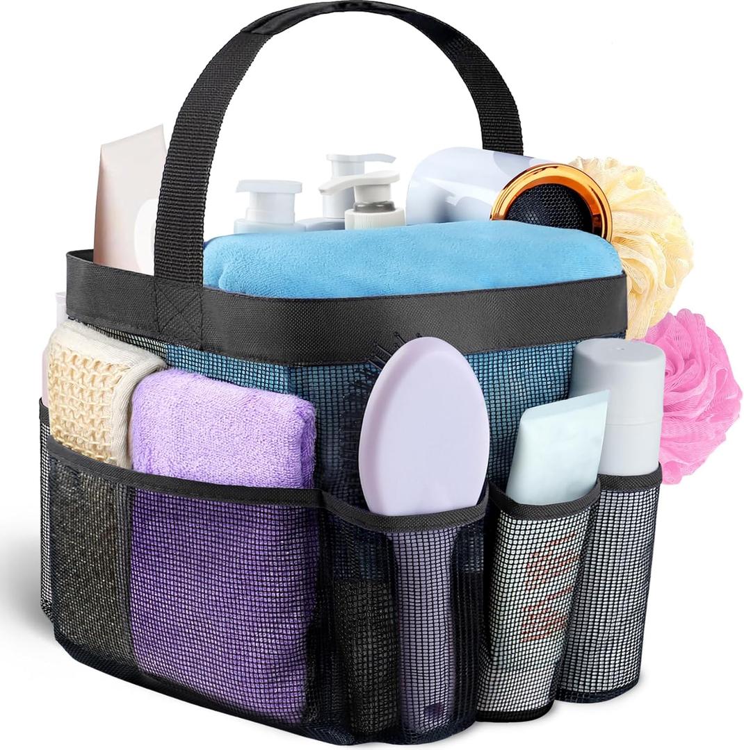 Attmu Mesh Shower Caddy Portable for College Dorm Room Essentials with 8 Pockets, Hanging Caddy Dorm Basket, Quick Dry Shower Bag for Bathroom (Black)