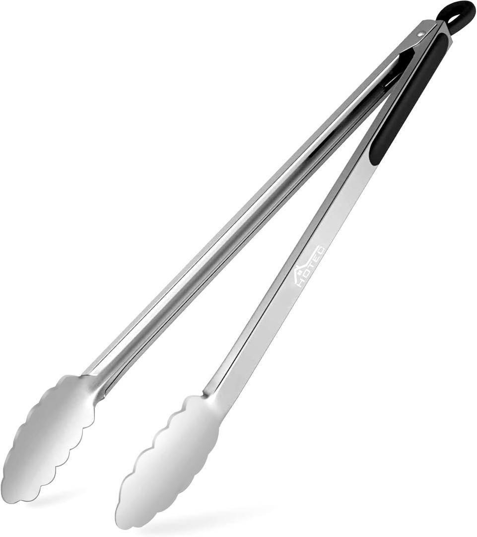 HOTEC Stainless Steel Kitchen Large Tongs for Grilling -16 inch Extra Long Grill Tongs Barbecue BBQLocking Metal Food Tongs Non-Slip Grip (Black)