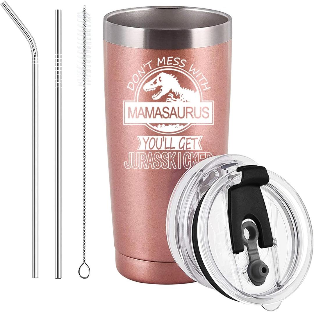 2 x Mamasaurus Tumbler Don't Mess with Mamasaurus You'll Get Jurasskicked Travel Tumbler Birthday Mothers Day Gifts for Mom from Daughter Son Kids Mom Gifts with 2 Lids and Straws, 20OZ Rose Gold