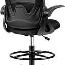 Drafting Chair Tall Office Chair with Flip-up Armrests, Adjustable Height, and Enhanced Lumbar Support - Ergonomic Rolling Stool, Back Support, and Adjustable Foot Rest Ring for Standing Desk Black