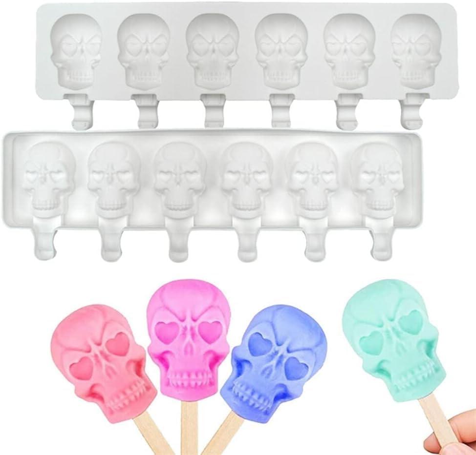 1 Pack Halloween Cute Skull Shape Popsicle Molds Silicone Ice Pop Molds 6 Cavities Popsicle Molds for Kids Adults Ice Cream Mold Cakesicles Mould DIY Popsicle Maker Homemade Popsicle Silicone Molds B