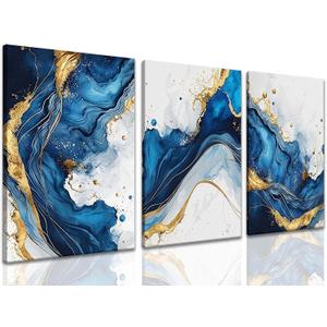 ZQARTZZQ 3 Piece Framed Wall Art Abstract Wall Decor Navy Blue and Gold Pictures Marble Foil Canvas Art Modern Minimalism Paintings Artwork For Living Room Bedroom Office 12x16in