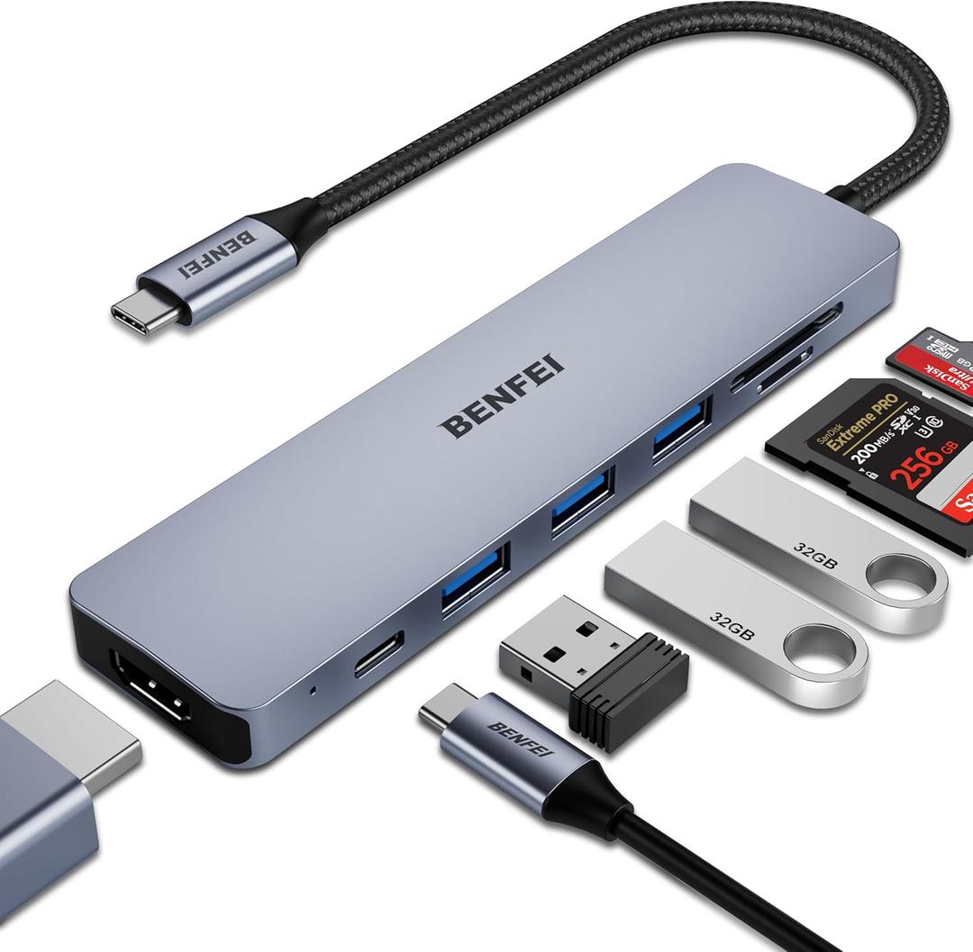 BENFEI USB C HUB 7-in-1 with HDMI(4K@60Hz,Certified), 100W Power Delivery, 3*USB 3.0, SD/TF Card Reader(160MB/s) Compatible with iPhone 15 Pro/Max, MacBook, iPad Pro, iMac, S23, XPS17 (Gray)