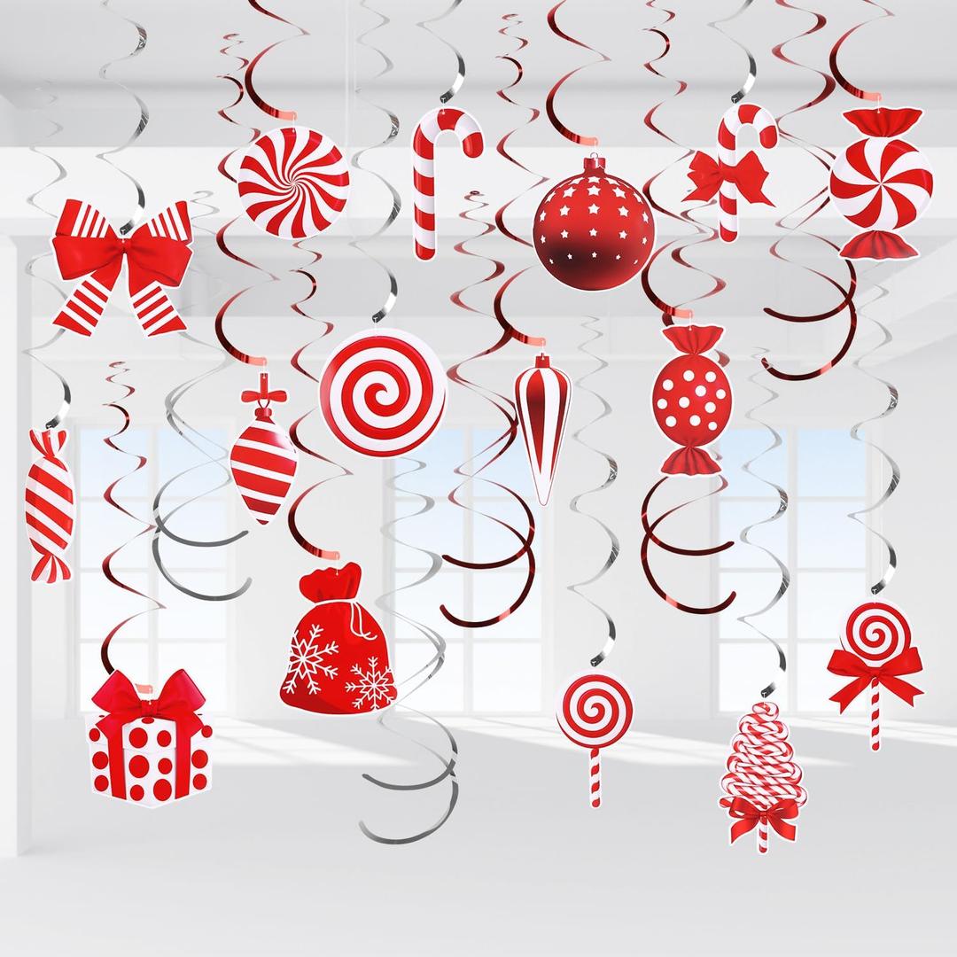 CCINEE 30 Sets Christmas Candy Cane Hanging Swirl Decorations, Paper Candy Land Decor for Christmas Birthday Party Holiday Home Ornaments