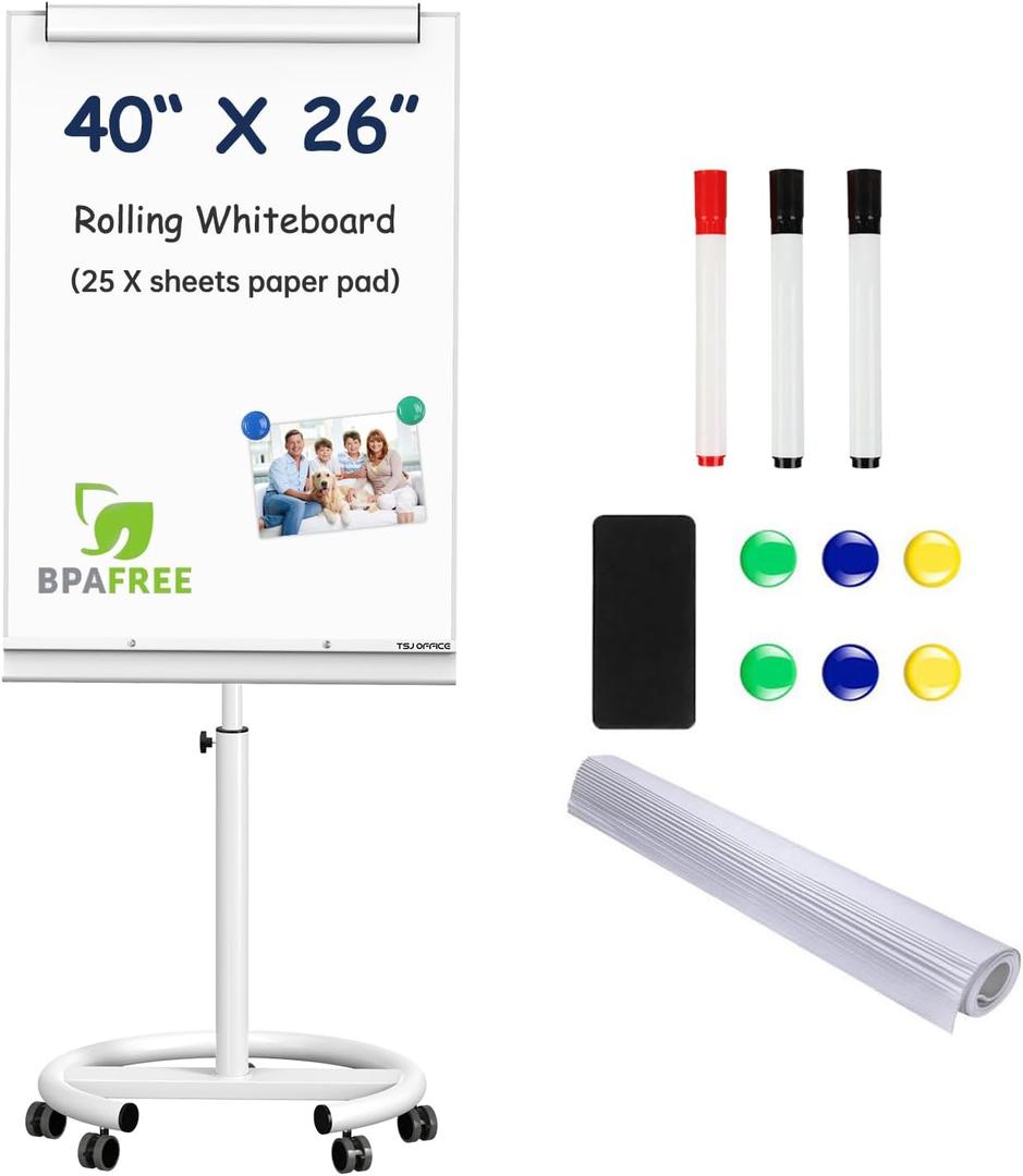 TSJ OFFICE Rolling Whiteboard Standing - 40 x 26 Inches Magnetic Mobile White Board with Stand, Height Adjustable Dry Erase Board on Wheels with Paper Clamp on Top, White
