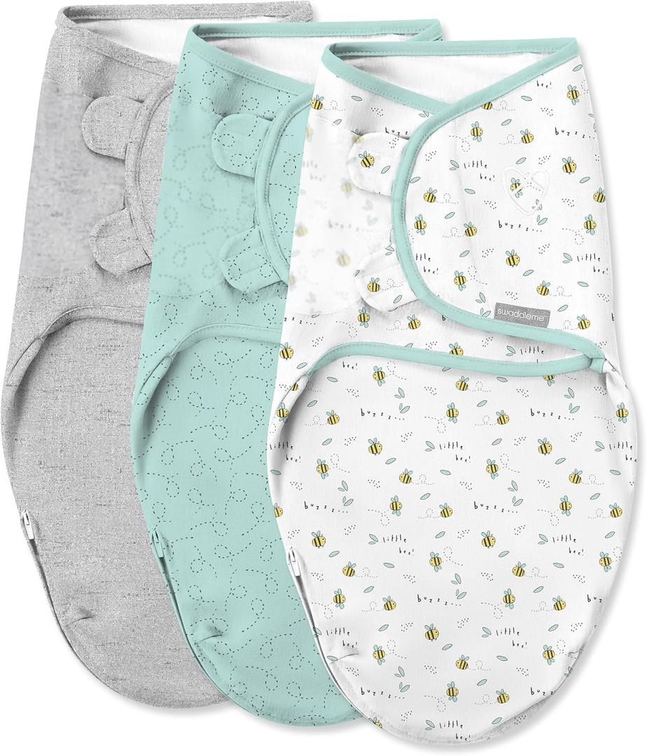 SwaddleMe by Ingenuity Easy Change Baby Swaddle in Size Small/Medium, 0-3 Months, 7-14 Pounds, 3-Pack with Easy Change Zipper - Little Bees