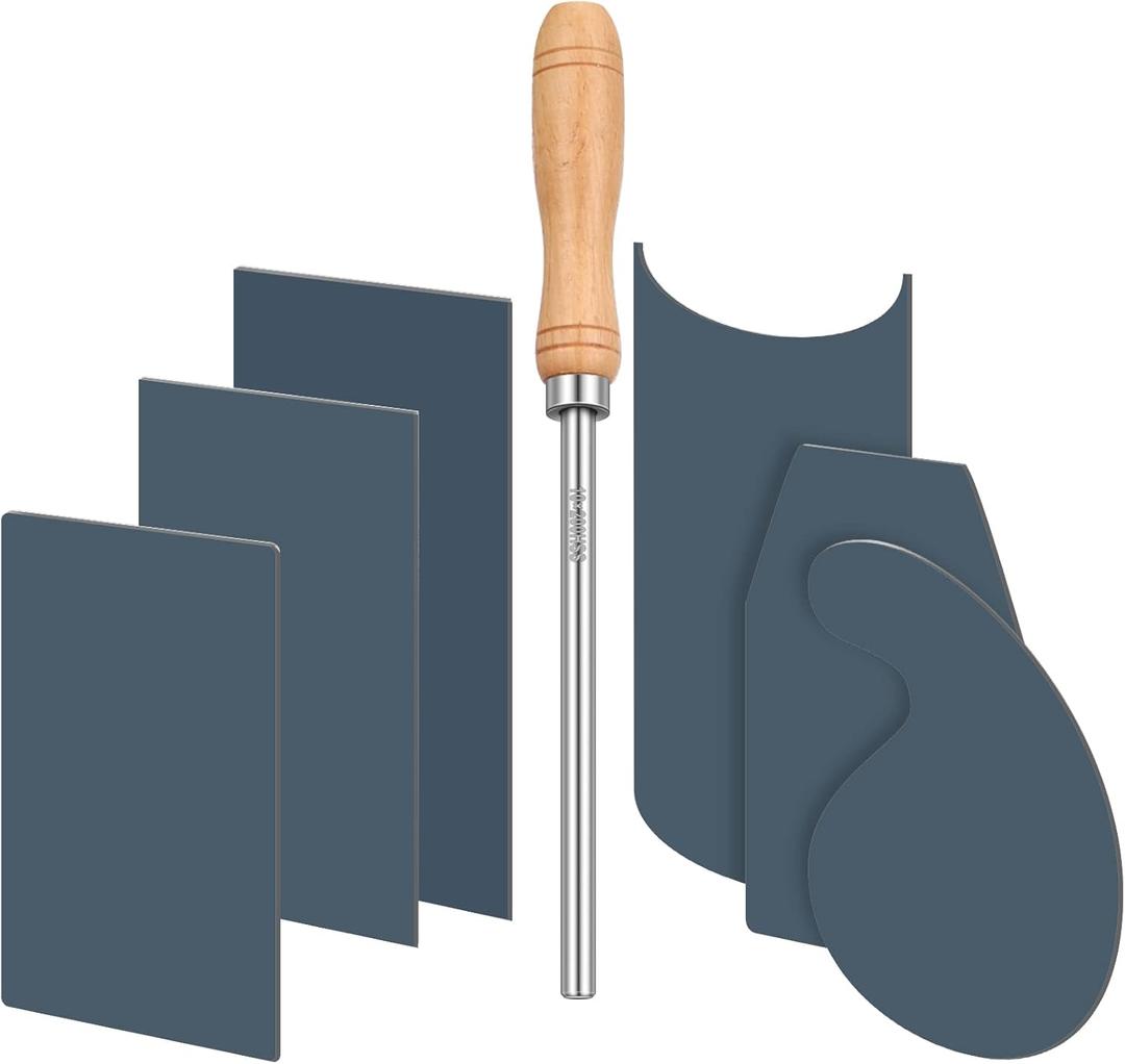 Therwen Card Scraper Burnisher and 6 Pcs Cabinet Scraper Set for Woodworking Card Woodworking Burnishing Tool Include 3 Rectangle 1 Gooseneck and Curved 1 Beveled Hand (Blue)