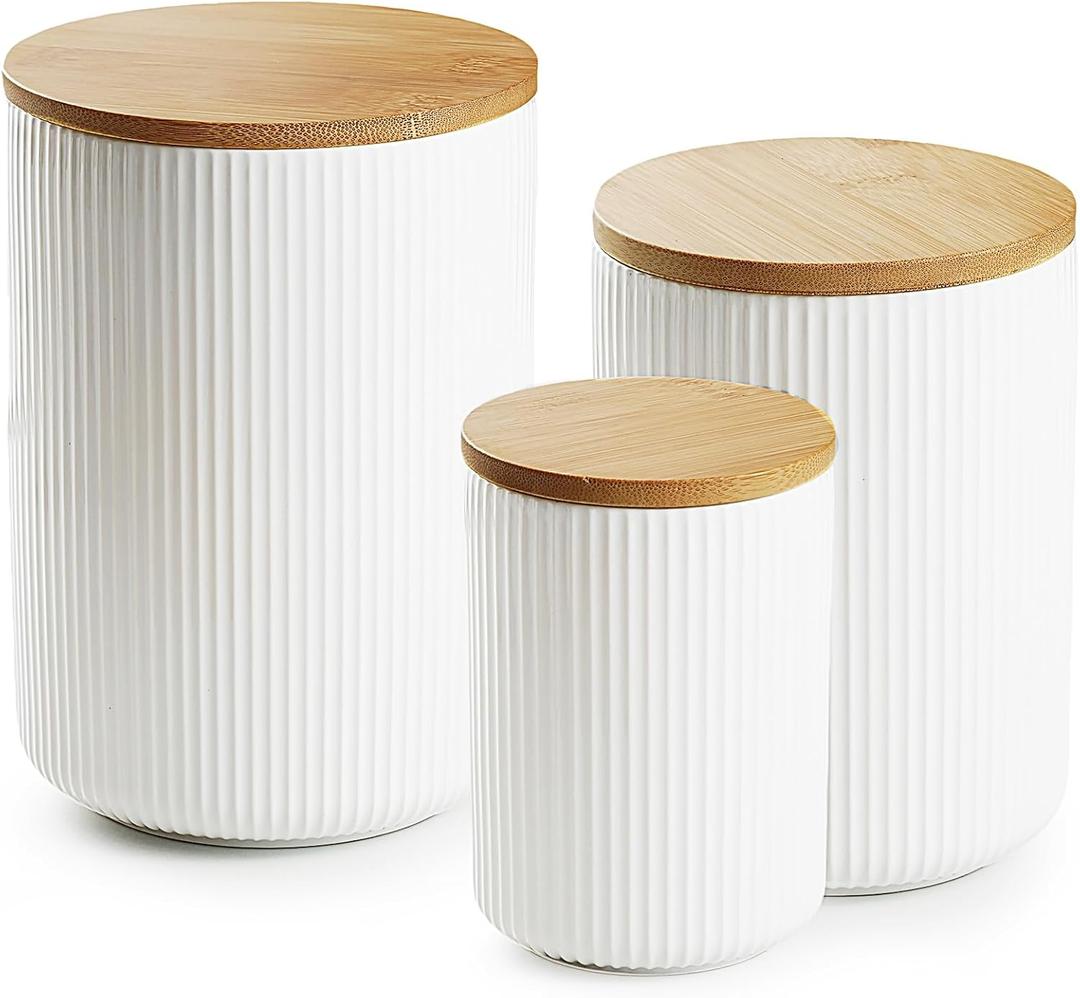 getstar Flour Sugar Storage Containers, Ceramic Canisters Sets for the Kitchen Countertop with Bamboo Airtight Lids, 80oz 40oz&20oz Coffee Tea Sugar Container Set of 2