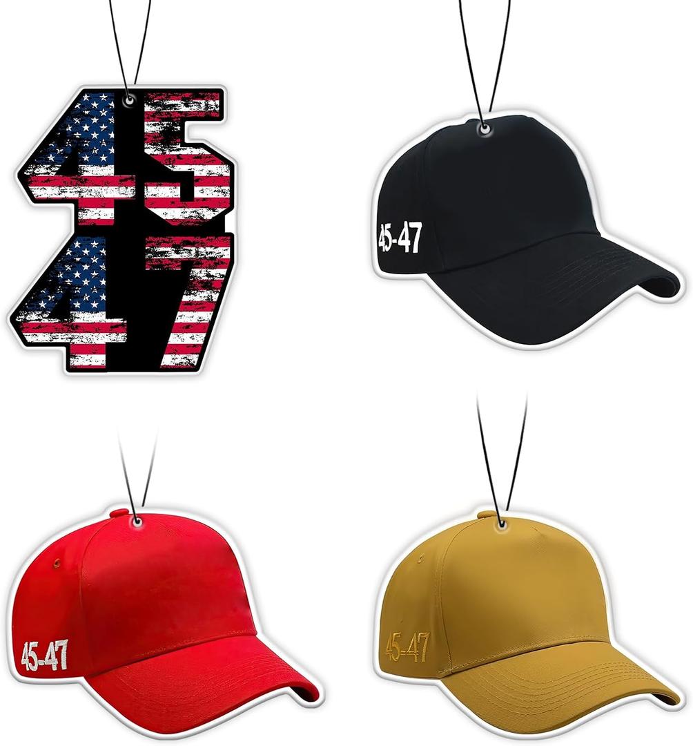 American USA President Car Air Freshener Card Pendant4 Pack Refreshing Ice Scent 45/47 Hat Ornament Gifts Merch Party Supplies Room Decor Accessories for Hanging Rearview Car Interior