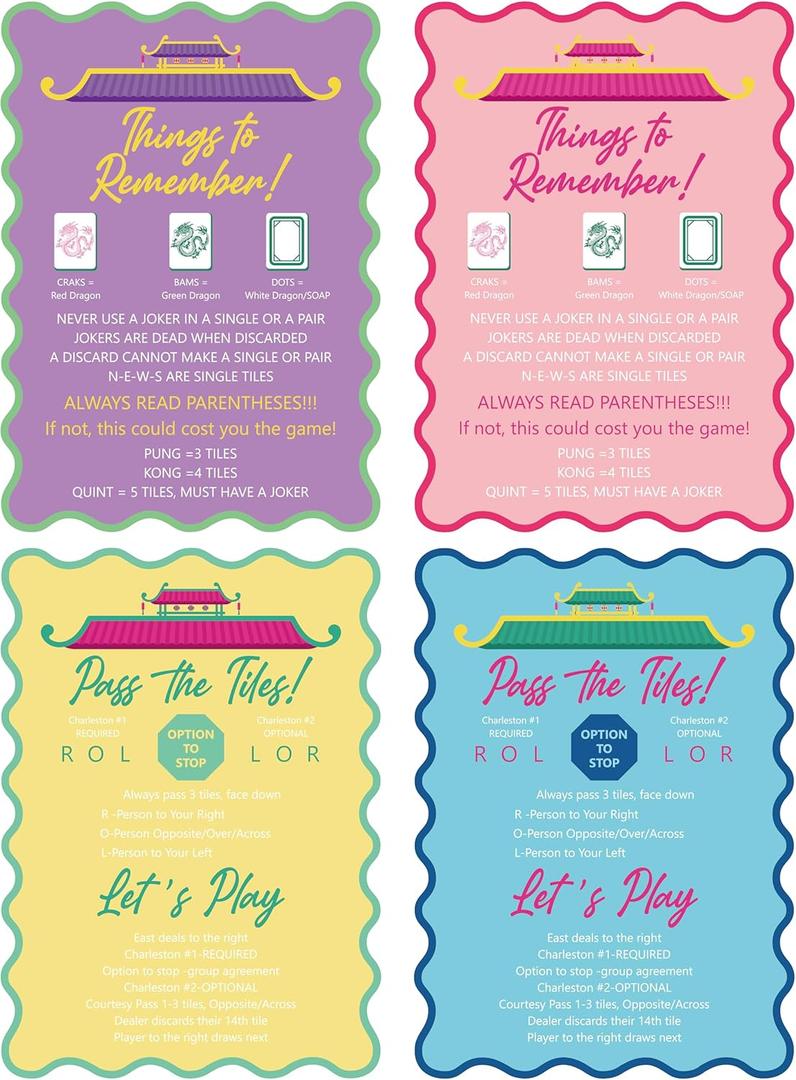 4 Pcs Mahjong Shuffler Cards for Tiles Mixing & Shuffling Portable Mah Jong Accessories Gift Party Supplies Waterproof Rules Printed Mixer 7 x 5 in for Tiles Lover(Pastel,Wave,City Tower)