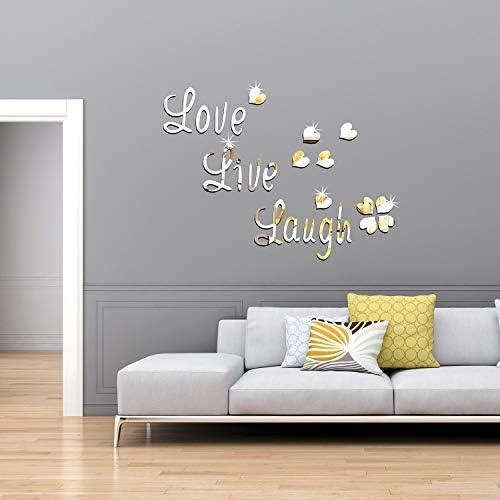 24 Pcs 3D Acrylic Mirror Wall Decor Stickers, Heart Letters Wall Decals, DIY Removable Self Adhesive Love Stickers, Silver Room Decor Beautiful Art Letter Decals for Home Bedroom Living Room Bathroom