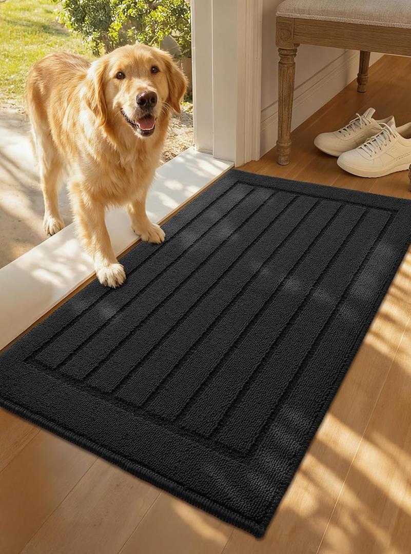 Color&Geometry Door Mat Indoor Entrance 17"x29" Non Slip Dirt Trapper, Absorbent Doormat, Washable Rug for Entryway, Low Profile, Easy Clean Patio Porch, Black, (Rolled-up NO Creases)
